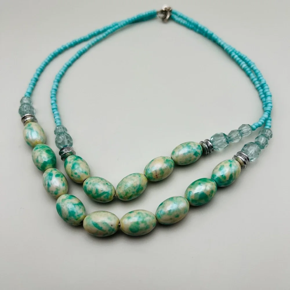 Turquoise Blue Double Strand Beaded Necklace Marbled Oval Beads Seed Beads‎